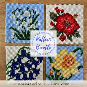 Conjunto de porta-copos com estampa floral, padrões em PDF para download, bordado com miçangas em ponto peiote.