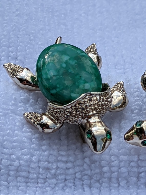 SET of TWO Gerry's GOLD with Green Cabochon Turtle