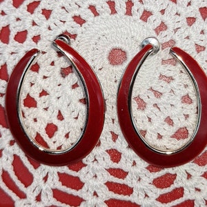 Valentine Red Silver enameled 1980s pierced  open hoop earrings FREE shipping