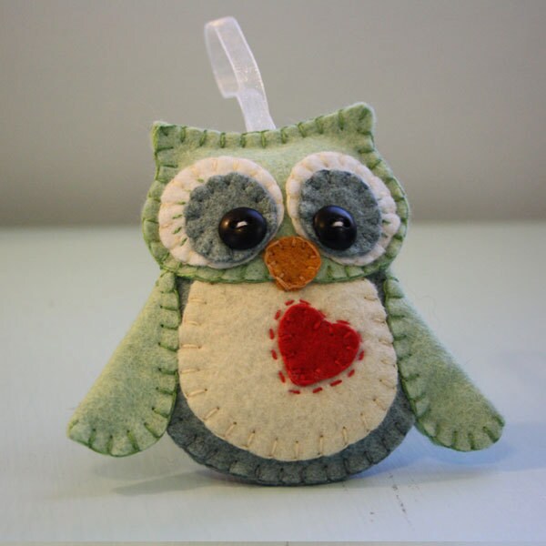 Stitched Felt Christmas Ornament - Light Green and Grey Blue Cute Woodland Owl