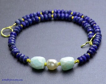 Sodalite Necklace - Blue Sodalite Peruvian Opal Pearl & Gold Necklace - Natural Stone Necklace -Blue Gemstone Necklace -Peruvian Opal -Gold