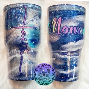 Personalized &quot;FAITH CROSS&quot; Marbled Stainless Steel Tumbler/Cup Faith, Blessed, Loved