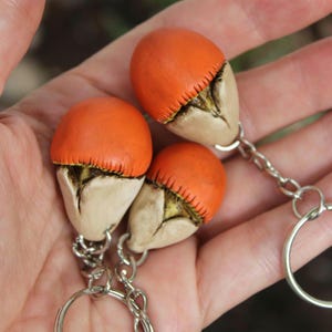 May include: Three acorn-shaped keyrings with orange caps and off-white bodies. The caps are stitched to the bodies with a dark thread. Each keyring has a silver-coloured chain and a ring.