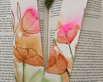 Autumn Floral Art Bookmarks - Set of 2 Hand-painted Original Watercolor Fall Garden Poppies Bookmarks, Pink and Sienna Flowers