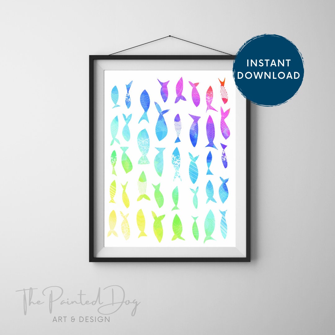 Rainbow Fish Illustration, Printable Wall Art, Kids and Nursery Decor, Home Decor, Bathroom ...