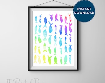 Impressão em aquarela de peixe arco-íris, decoração para quarto infantil (download digital)