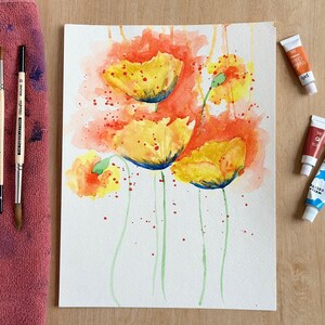 Summer Poppies Watercolor Painting | Original Hand-painted Yellow Flowers | Garden Bouquet Art | Vibrant Floral Artwork | Unique Wall Decor