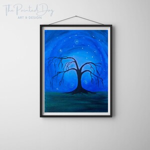 Lone Tree Painting on Canvas, Original Hand-painted Acrylic, Whimsical Black and Blue Wall Art, Eclectic Modern Moody Home Decor