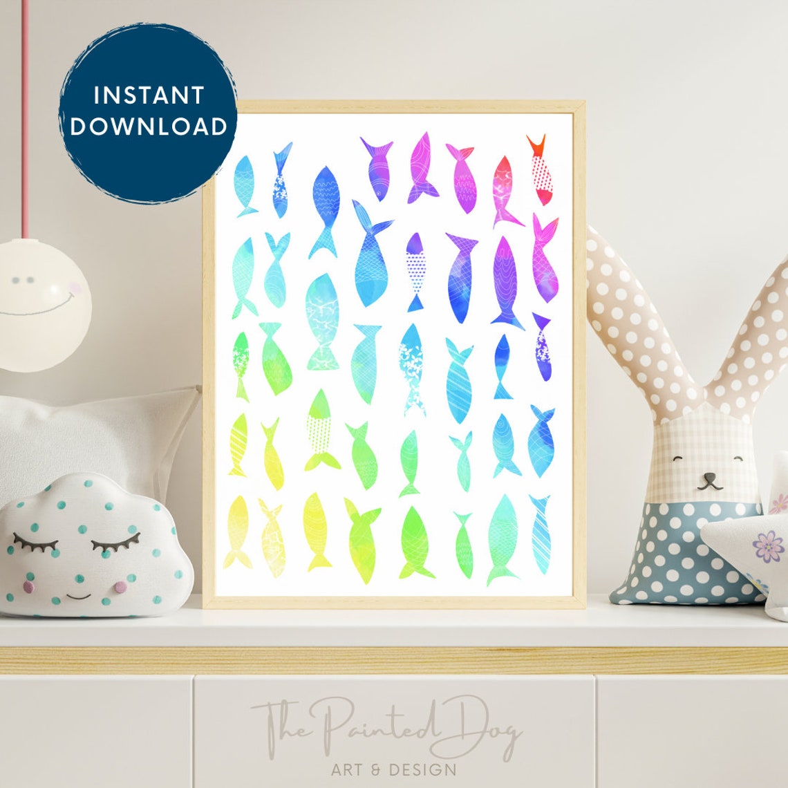 Rainbow Fish Illustration, Printable Wall Art, Kids and Nursery Decor, Home Decor, Bathroom ...