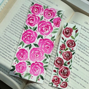 Marque-pages peints à la main, lot de 2 marque-pages laminés originaux à l&#39;aquarelle florale rose, fleurs rouges et roses, cadeau livresque, cadeau d&#39;amant de livre