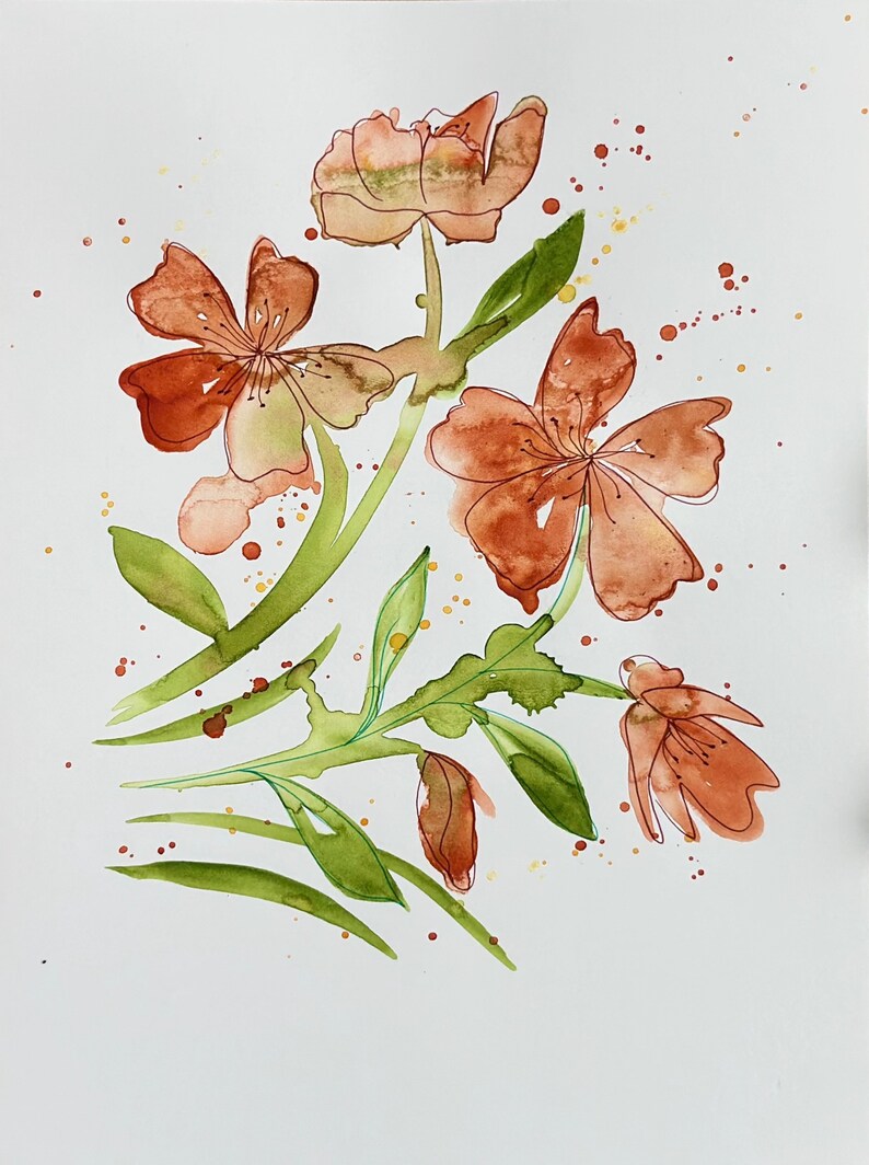 Original Watercolor Painting Hand-painted Rustic Orange Flowers Botanical Floral Bouquet Art Watercolor Illustration Wall Decor 9x12 image 6