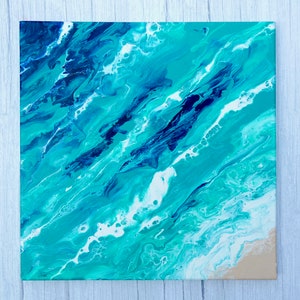 14 x 14 Turquoise Tide Abstract Ocean Art Painting on Canvas