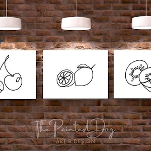 One Line Drawing Cherries Lemons Kiwi Printable Wall Art, Kitchen Decor, Home Decor, Original Artwork, Minimalist, Fruit Design Art