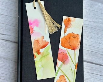 Floral Art Bookmarks - Set of 2, Hand-painted Original Watercolor Garden Poppies Bookmarks, Red and Orange Flowers, Tassel Bookmark