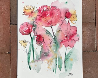 Floral Watercolor Painting | Original Hand-painted Red Poppies | Flower Bouquet Illustration | Handmade Home Decor Wall Art | Gift for Her