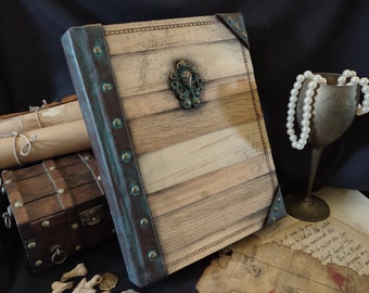 Wood Veneer Tome Sketchbook, Large 9"x11.25" - w/Dark Brown Faux Leather, Light Wood, Kraken Emblem