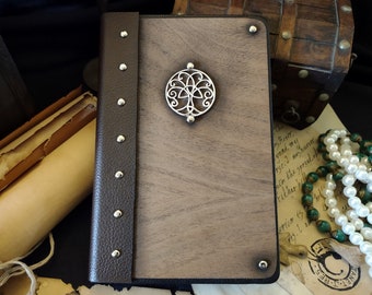 Walnut Claro wood veneer + Dark Brown pleather Travelers Journal w/ Ruled paper | 5.5"x8.25" | Tree of Life metal emblem