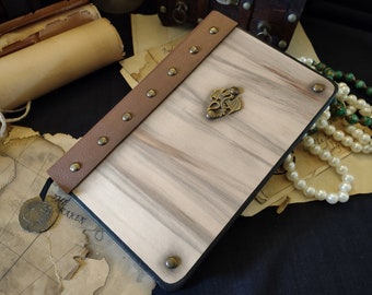 Red Gum wood veneer + Cinnamon pleather Travelers Journal w/ Ruled paper | 5.5"x8.25" | Dragon Fantasy metal emblem