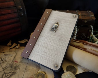 Oak, White Rift wood veneer + Cinnamon pleather Travelers Journal w/ Ruled paper | 5.5"x8.25" | Skull Pirate metal emblem
