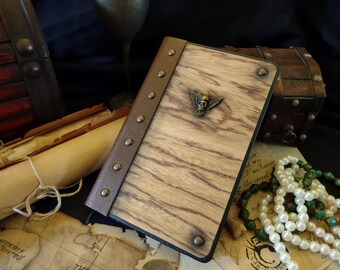 Tigerwood Flat Cut wood veneer + Brown pleather Travelers Journal w/ Ruled paper | 5.5"x8.25" | Winged Skull Pirate metal emblem