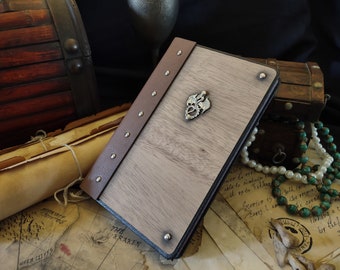 Teak wood veneer + Cinnamon pleather Travelers Journal w/ Ruled paper | 5.5"x8.25" | Dragon Fantasy metal emblem