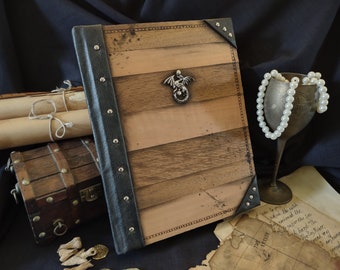 Wood Veneer Tome Sketchbook, Large 9"x11.25" - w/Black Faux Leather,  Red Woods, Dragon Emblem