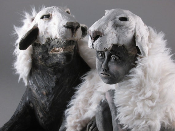Sculpture Loup Enfant Agneau Mouton Noir Fourrure Blanche Etsy