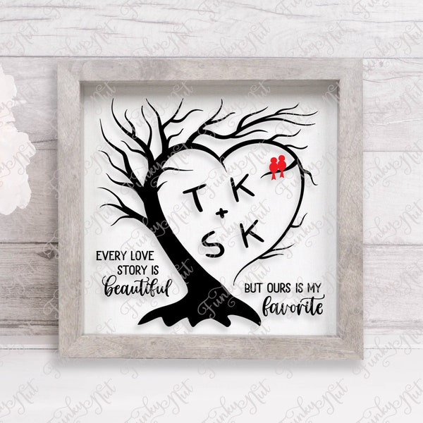 Sweetheart Tree with No Leaves, SVG, PNG, EPS, Love Birds, Tree Silhouette, Anniversary, Wedding Gift, Valentines Day, Heart Tree Love Birds