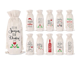 May include: Set of ten Christmas-themed wine bottle gift bags. The bags are made of natural canvas fabric and feature various festive sayings and designs, including "Tis the Season to be Drinkin'," "Jolly Juice," "Christmas time is better with wine," and "Festive AF."