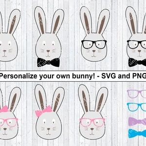 Bunny to Personalize SVG, PNG Sublimation Build Your Bunny, Easter Bunny Glasses, Bowtie, Bow, Easter Bunny Head With Accessories