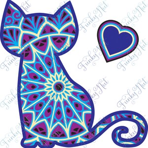 May include: A blue cat silhouette with a mandala pattern, sitting with its tail curled around its body. A blue heart is to the right of the cat.