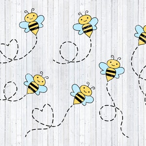 May include: Six cartoon bees with black and yellow stripes and blue wings flying on a white wood background. Each bee is flying on a dotted line path. Some of the paths are in the shape of a heart.