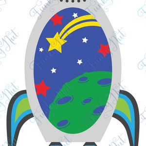 May include: A cartoon rocket ship with a blue, green, and yellow space scene inside. The rocket has a gray body, black and gray engine, and blue and green fins.