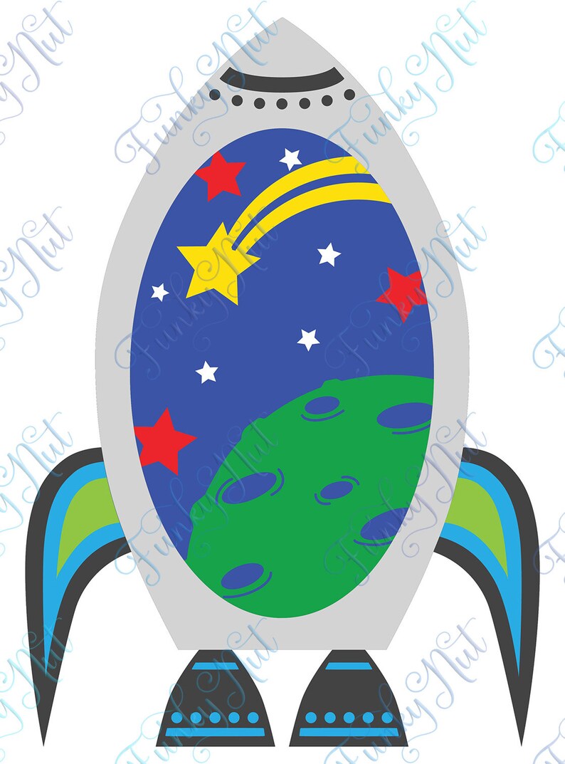 May include: A cartoon rocket ship with a blue, green, and yellow space scene inside. The rocket has a gray body, black and gray engine, and blue and green fins.