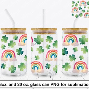 Watercolor Rainbow Clover Glass Can Wrap, 16oz and 20oz Sublimation Rainbow and Clover, 4 Leaf Clover St Patricks Day Design, Lucky Charm