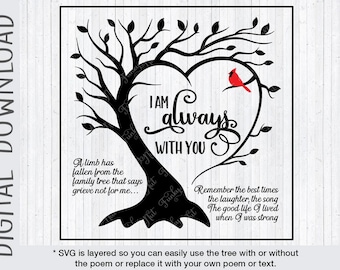 Cardinal Memorial Tree SVG, PNG, I am Always with You, Heart Tree Silhouette, Red Cardinal Tree, Memorial Gift, Family Loss, Cricut Cut File