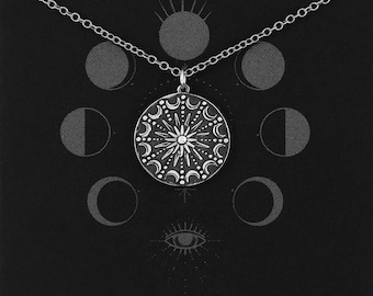 Sun Moon Mandala Necklace on Antiqued Chain