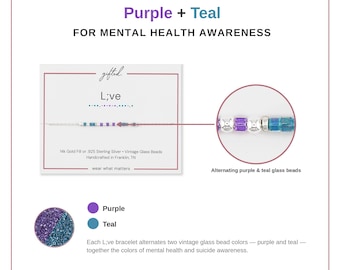 May include: A beaded bracelet on a display card labelled THE L;VE BRACELET. The bracelet features alternating purple and teal vintage glass beads with metallic accents. Text includes L;ve, 14k Gold Fill or .925 Sterling Silver, and wear what matters.