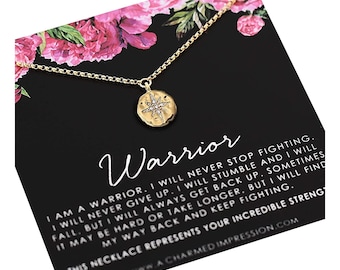 Warrior Necklace Gold •FIGHTER Survivor Gifts for Women •Diamond Starburst •**** Cancer •Mantra Affirmation •Depression