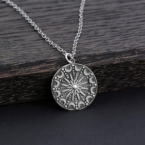 Sterling Silver Sun and Moon Mandala Necklace • Celestial Pendant • Lunar Moon Phases • Crescent Moon Necklace • Antiqued Sterling