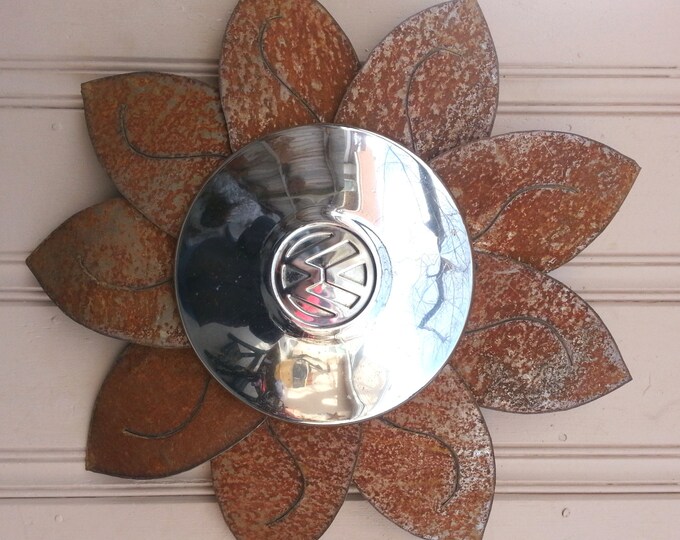VW Hubcap Flower Rusted Metal Wall Hanger Etsy