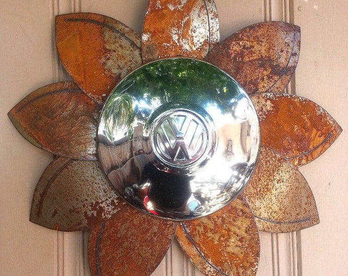 VW Hubcap Flower Rusted Metal Wall Hanger Etsy