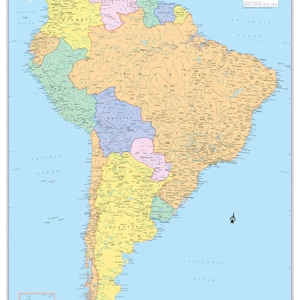 May include: A detailed political map of South America, showing the countries and their borders. The map is in a light blue color with the countries in various shades of yellow, green, pink, and blue. The map includes the names of the countries, major cities, and rivers.