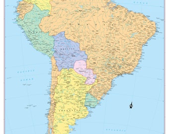 May include: A detailed political map of South America, showing the countries and their borders. The map is in a light blue color with the countries in various shades of yellow, green, pink, and blue. The map includes the names of the countries, major cities, and rivers.
