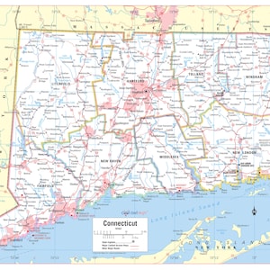Connecticut States Wall Map Large Print Poster - 32&quot;Wx24&quot;H