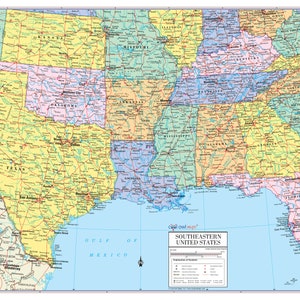 May include: A detailed map of the Southeastern United States, showing state borders, major cities, and highways. The map is printed on a white background with blue water features. The map is titled "Southeastern United States".