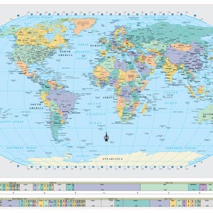 May include: A political world map with country borders and names. The map is in a light blue color with a light yellow, light green, and light orange color scheme for the countries. The map is surrounded by a grid of latitude and longitude lines. The map is titled "World Map Political".