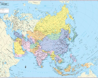 May include: A detailed political map of Asia with country borders and major cities labeled. The map is on a light blue background with the countries colored in various shades of yellow, green, pink, and blue.