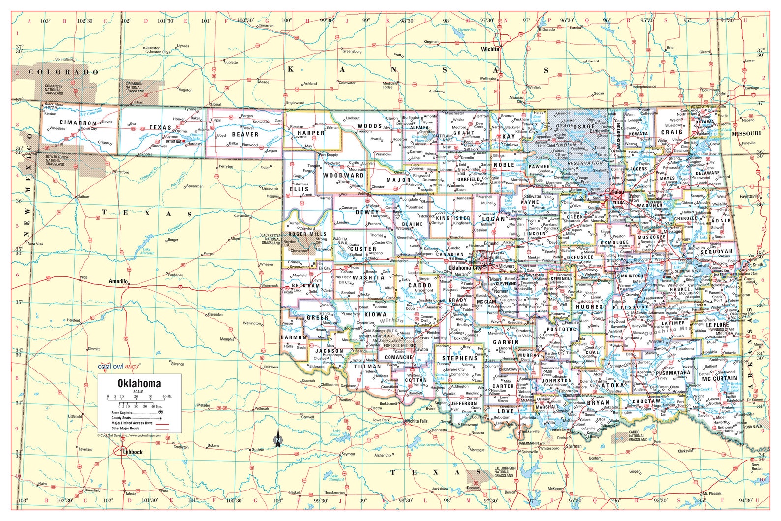 Oklahoma State Wall Map Large Print Poster - 36"wx24"h - Etsy