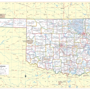 May include: Detailed road map of Oklahoma, featuring county lines, cities, and major highways. The map includes a scale and legend, with the state's name prominently displayed. The color palette includes shades of yellow, green, and blue.